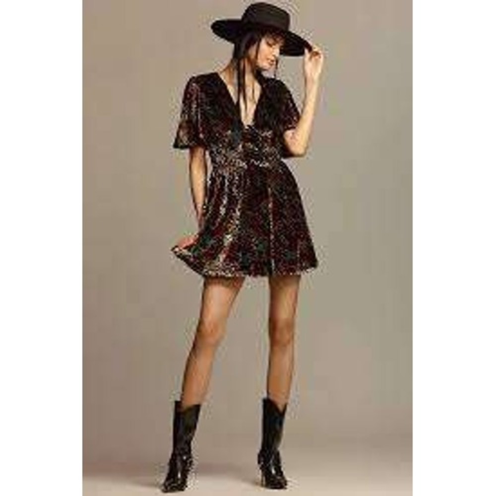Anthropologie Hutch Velvet Leopard Print Mini Women Dress Brown  Smocked Small